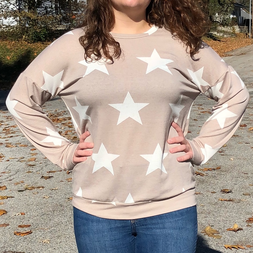 Stars Tan Banded Long Sleeve Top! NEW! - Picture 3 of 10